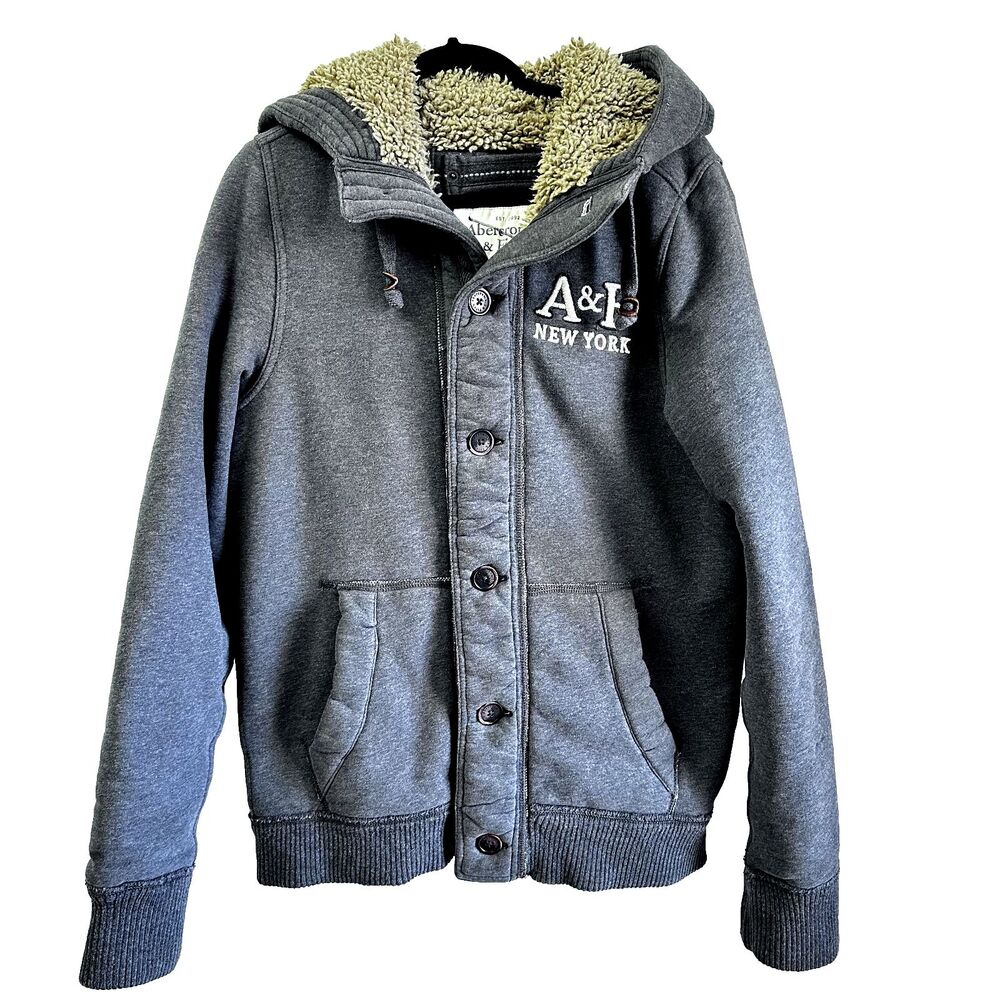 Abercrombie & Fitch Men's Y2K Gray Sherpa Distressed Heavy Hoodie Jacket SZ L